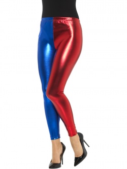 Lesklé modro-červené legíny Harley Quinn
